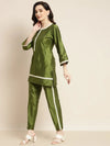 Women Olive Mirror Lace Kurta With Pencil Pants