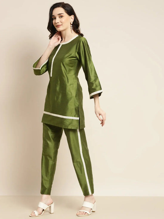 Women Olive Mirror Lace Kurta With Pencil Pants