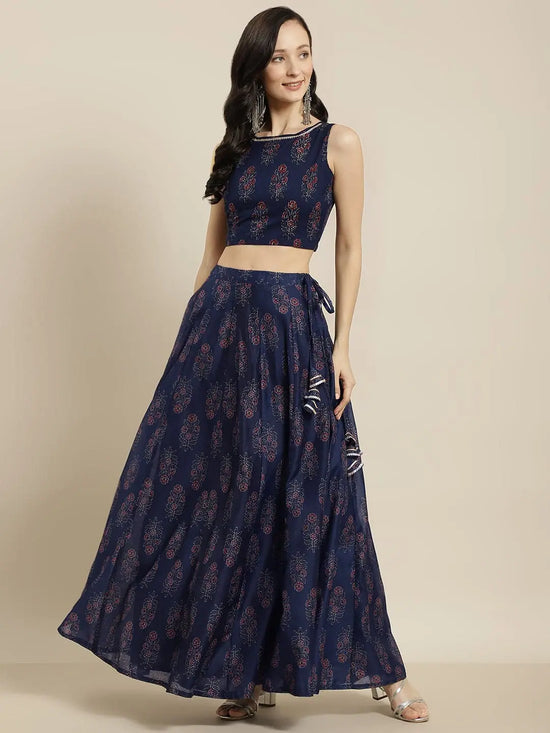 Women Navy Floral Crop Top With Anarkali Skirt