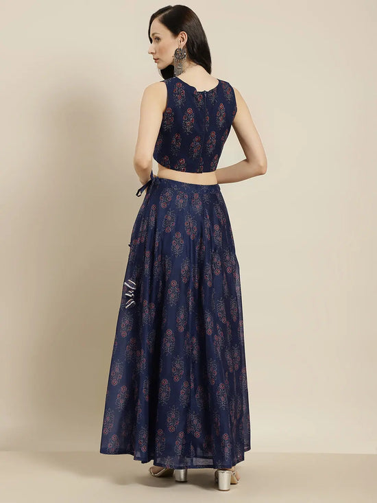 Women Navy Floral Crop Top With Anarkali Skirt