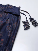 Women Navy Floral Crop Top With Anarkali Skirt