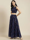 Women Navy Floral Crop Top With Anarkali Skirt