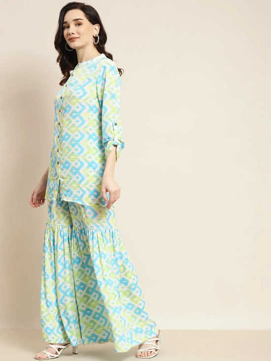 Women Blue & Green Ikat Shirt With Sharara Pants