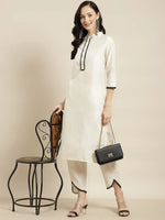 Women Off White Scallop Lace Insert Kurta With Tulip Pants