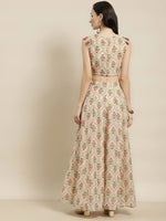 Women Beige Mughal Floral Crop Top With Anarkali Skirt