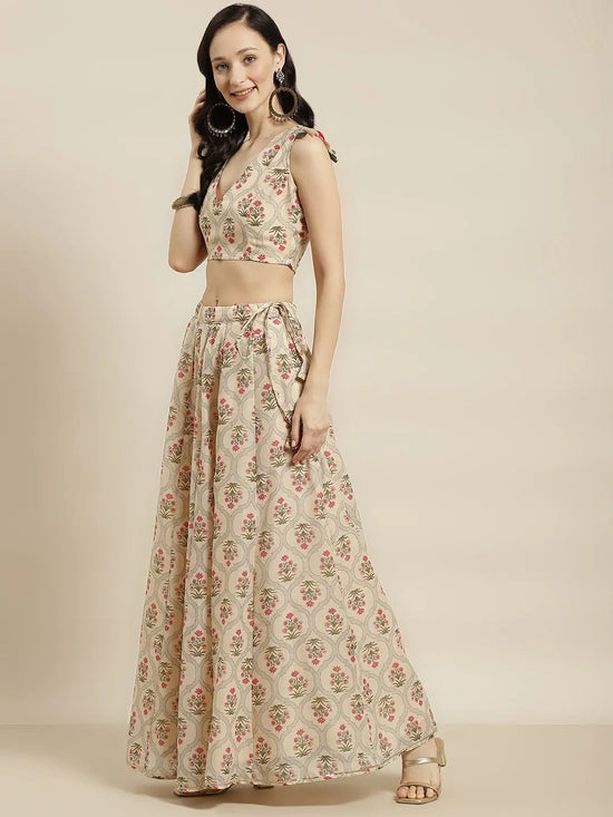 Women Beige Mughal Floral Crop Top With Anarkali Skirt