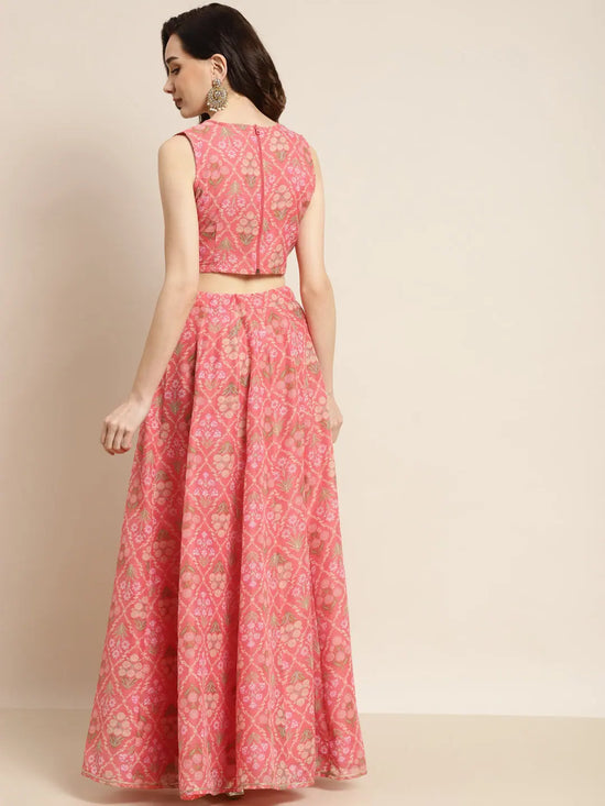 Women Peach Mughal Floral Crop Top With Anarkali Skirt