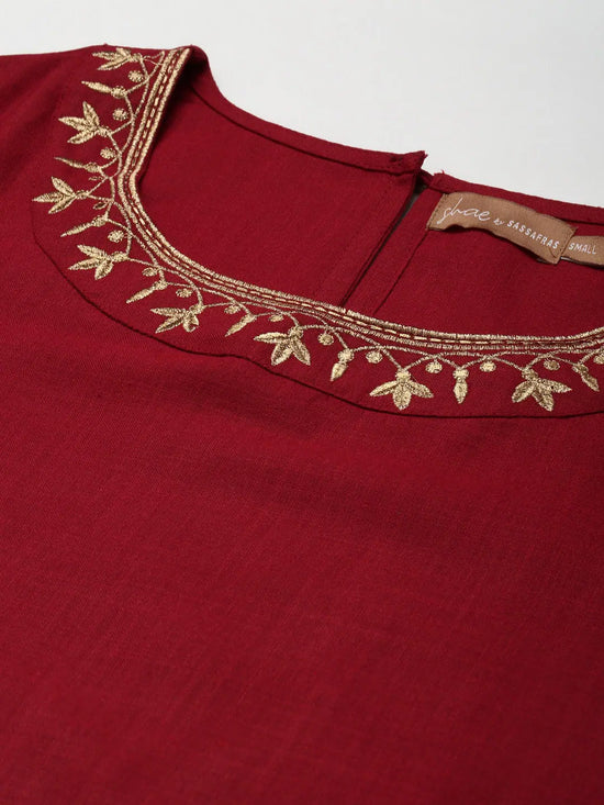 Women Maroon Embroidered Short Kurta With Pencil Pants