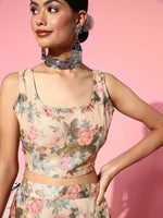 Women Beige Floral Crop Top with Anarkali Skirt-SHSET95137XS