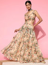 Women Beige Floral Crop Top with Anarkali Skirt-SHSET95137XS