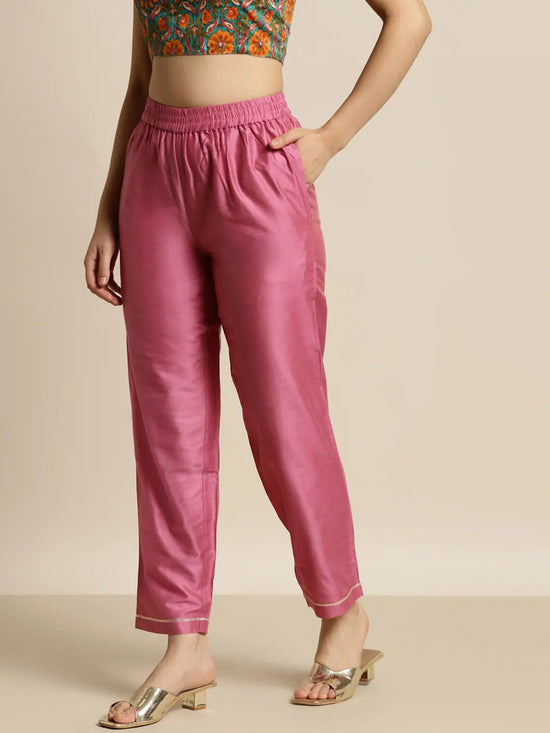 Women Pink Chanderi Inlay Pocket Pants