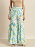 Women Blue & Green Ikat Print Flared Sharara Pants