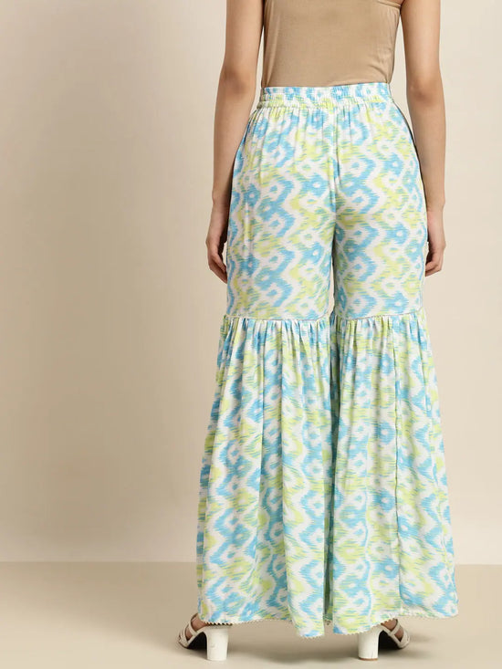 Women Blue & Green Ikat Print Flared Sharara Pants