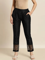 Women Black Organza Insert Pencil Pants