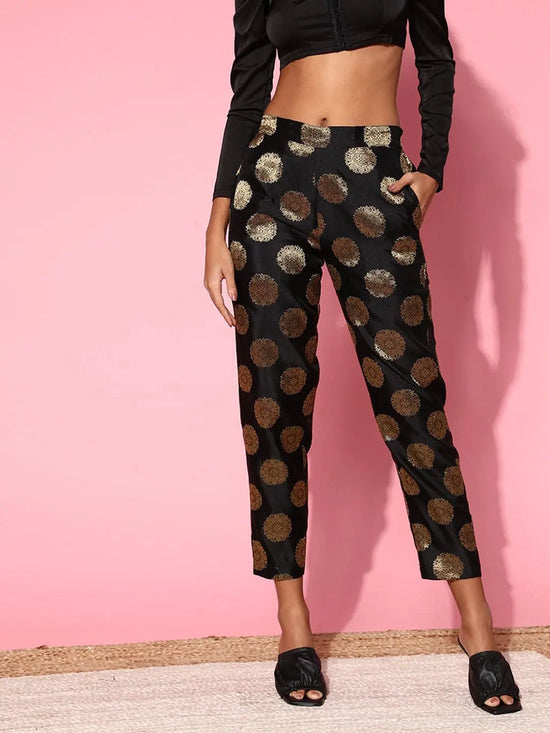 Women Black Brocade Jacquard Pencil Pants