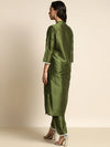 Women Olive Scalloped Lace Insert Straight Kurta