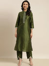 Women Olive Scalloped Lace Insert Straight Kurta