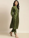 Women Olive Scalloped Lace Insert Straight Kurta