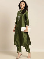 Women Olive Scalloped Lace Insert Straight Kurta