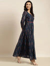 Women Navy Chanderi Floral Anarkali Maxi Dress