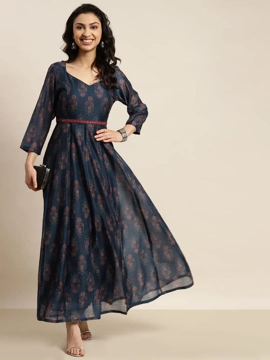 Women Navy Chanderi Floral Anarkali Maxi Dress