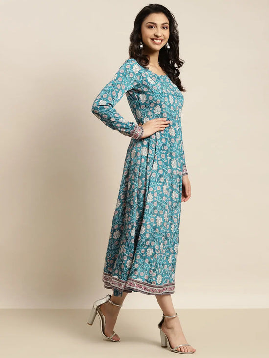 Women Teal Floral Anarkali Dress