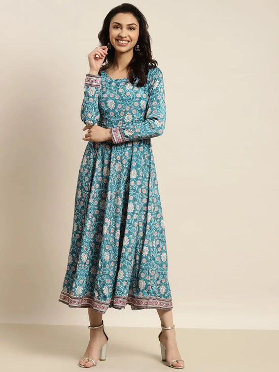 Women Teal Floral Anarkali Dress