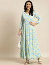 Women Blue & Green Ikat Anarkali Maxi Dress