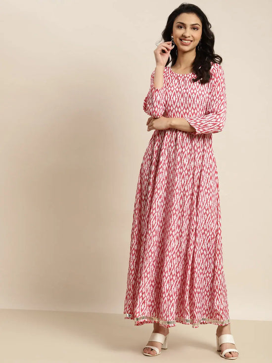 Women Red Ikat Anarkali Maxi Dress