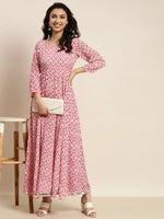 Women Red Ikat Anarkali Maxi Dress