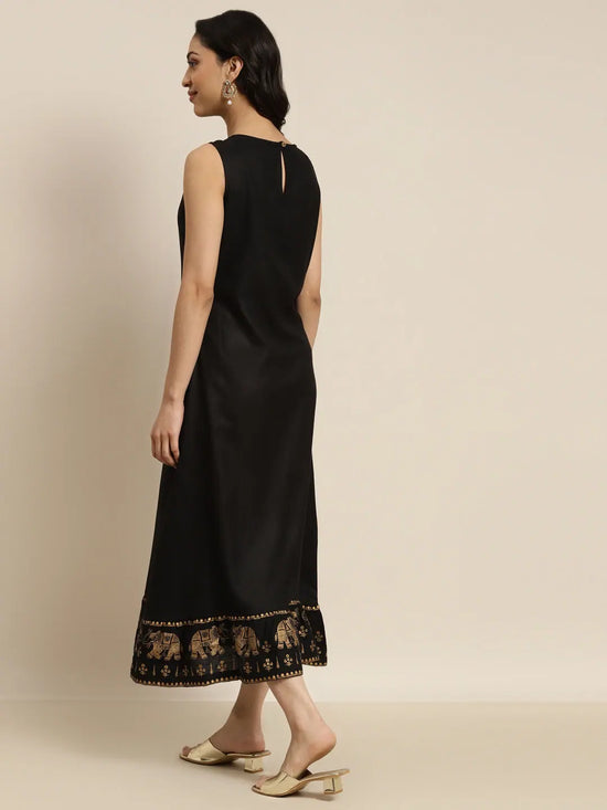 Women Black Elephant Border Foil Print Dress