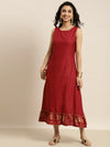 Women Maroon Elephant Border Foil Print Dress