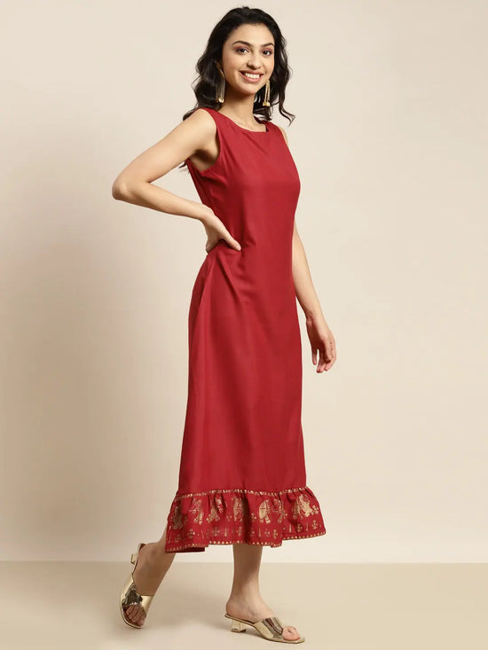 Women Maroon Elephant Border Foil Print Dress