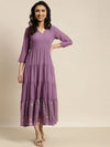 Women Purple Foil Print Tiered Maxi Dress