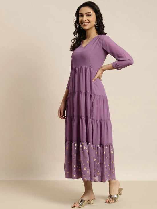 Women Purple Foil Print Tiered Maxi Dress