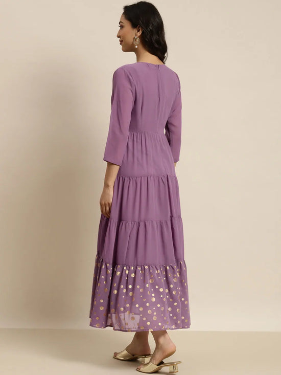 Women Purple Foil Print Tiered Maxi Dress