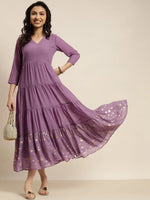 Women Purple Foil Print Tiered Maxi Dress