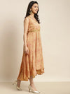 Women Mustard Lehariya High Low Anarkali Maxi Dress