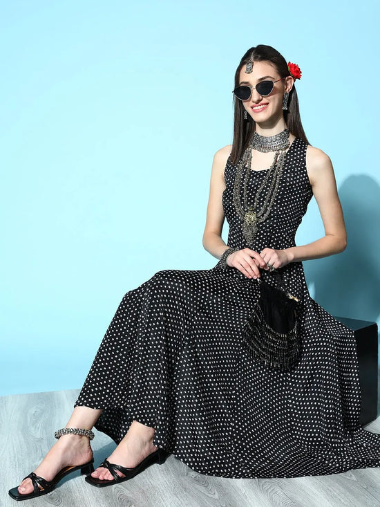 Women Black Tie & Dye Sleeveless Anarkali Dress