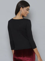 Women Black Rib Full Sleeves Ruched Top