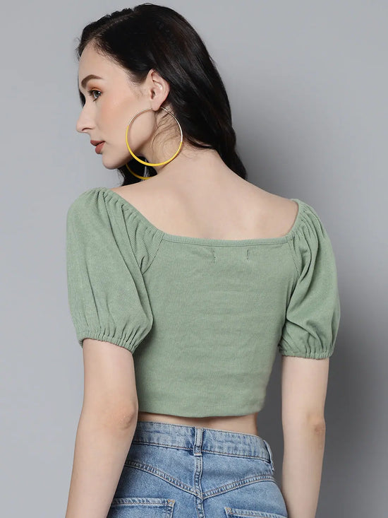 Women Olive Rib Puff Sleeves Crop Top