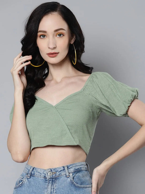 Women Olive Rib Puff Sleeves Crop Top