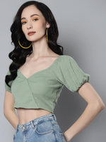 Women Olive Rib Puff Sleeves Crop Top