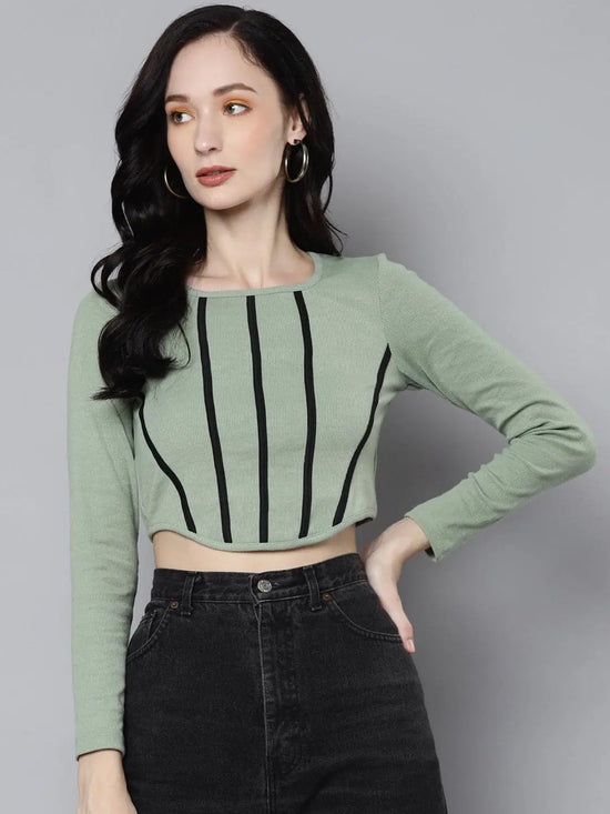 Women Olive Rib Long Sleeves Square Neck Crop Top