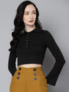 Women Black Rib Full Sleeves Polo Neck Crop T-Shirt