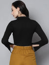 Women Black Rib Full Sleeves Polo Neck Crop T-Shirt