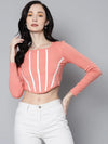 Women Peach Rib Long Sleeves Square Neck Crop Top