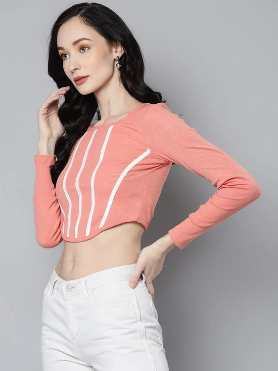 Women Peach Rib Long Sleeves Square Neck Crop Top