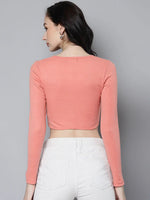 Women Peach Rib Long Sleeves Square Neck Crop Top