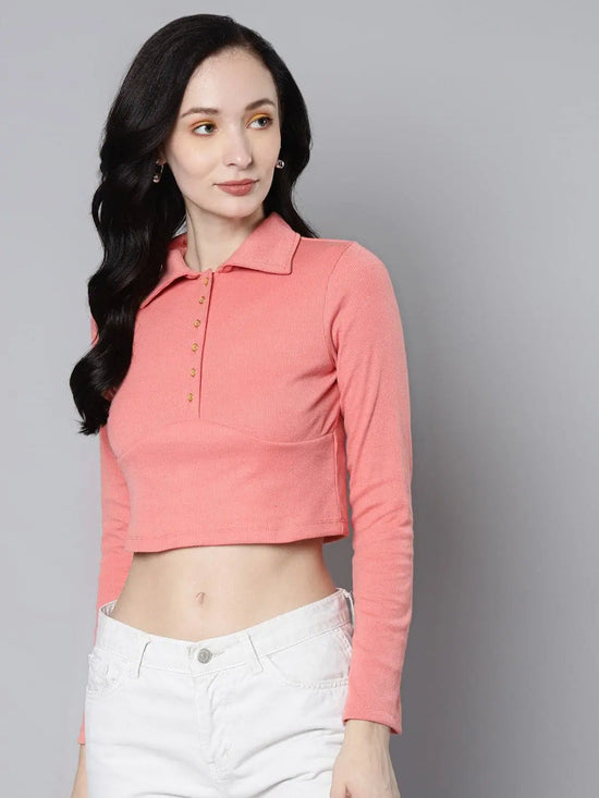 Women Peach Rib Full Sleeves Polo Neck Crop T-Shirt